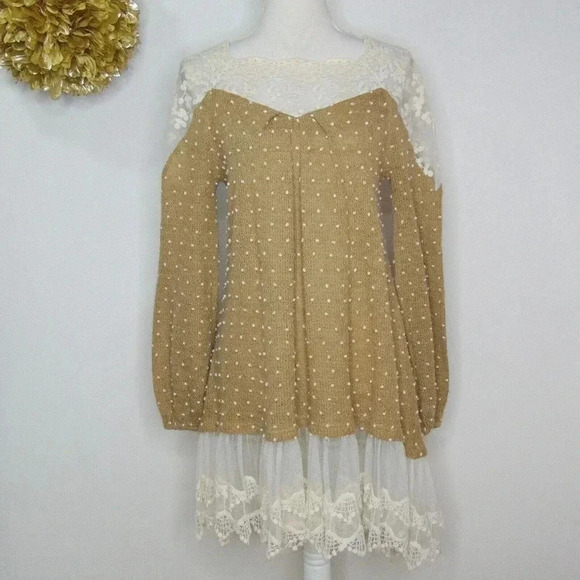Altar'd State Dresses & Skirts - Altar'd State Women's Tan Pom Pom Embroidered Lace Trim Sweater Dress SIZE S